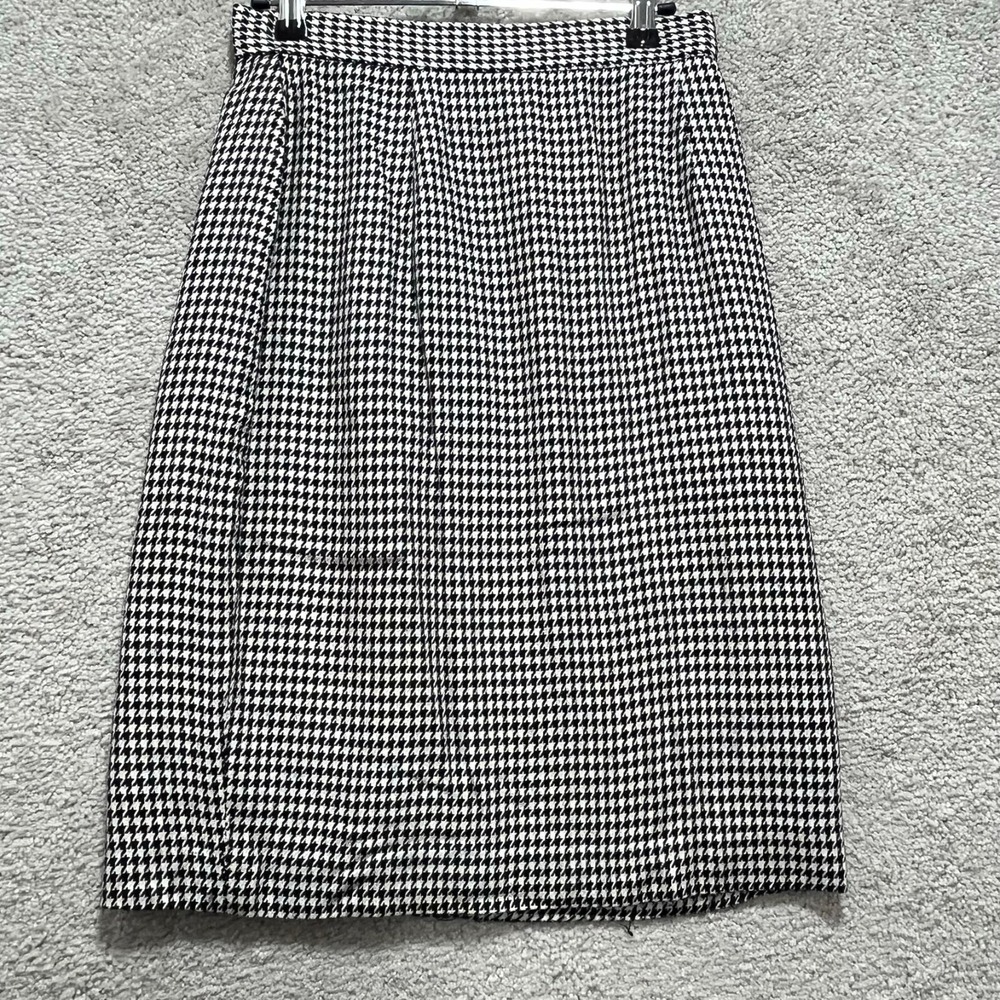 Moda International Skirt Women's 10 Black White Houndstooth Check Pencil Rayon